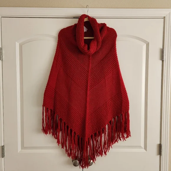 LOFT Red Knit Crochet Poncho with Tassel Fringe (One Size) - Picture 1 of 5